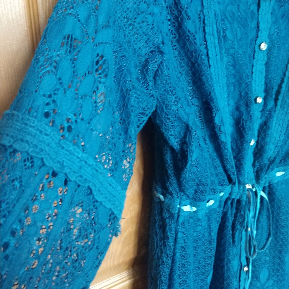 Colleen Lopez lace tunic jacket teal L new - Picture 8 of 8